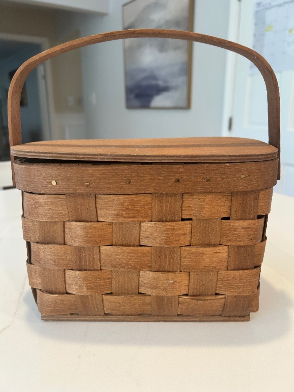 Vintage Basketville Putney Vermont Lidded Woven Basket w/ Handle- Stamped Signed